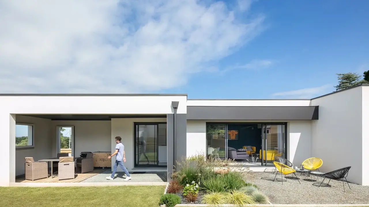 Une jeune personne traverse la pelouse devant une petite maison moderne avec une terrasse aménagée et un jardin de gravier.
