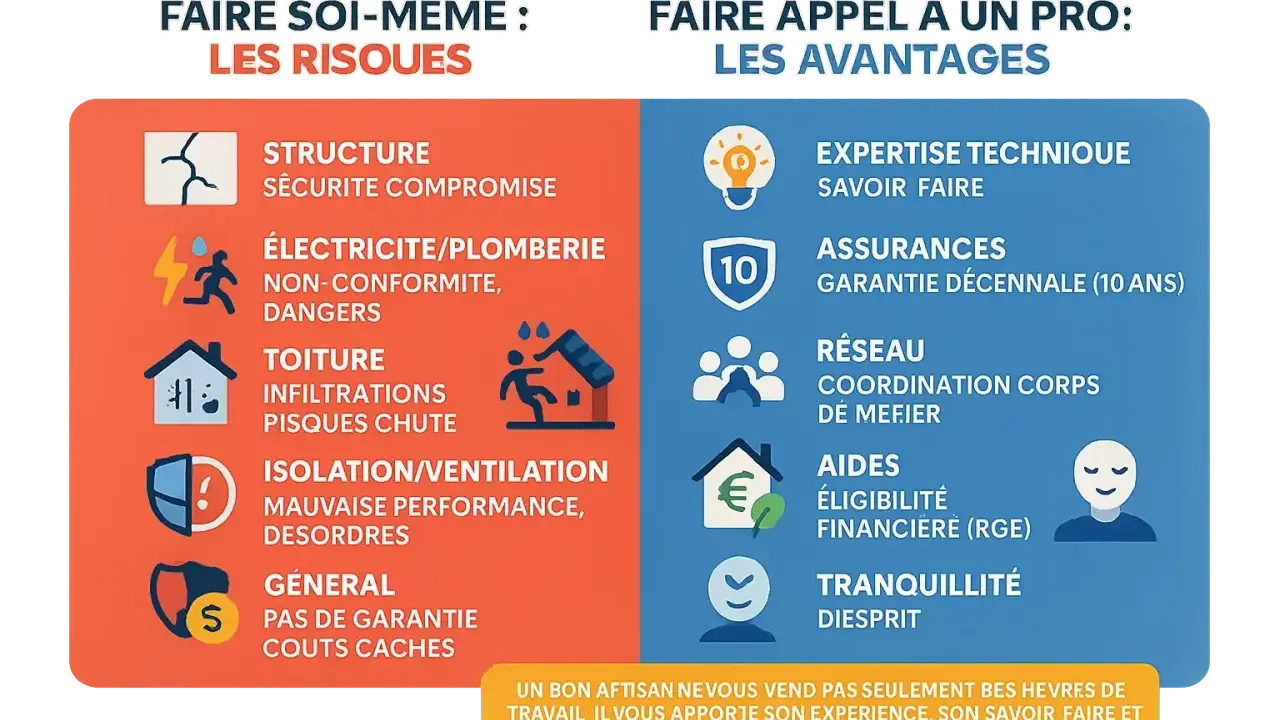 Comparer les risques du bricolage pour rénover une maison avec les avantages de faire appel à un professionnel : expertise, assurances, tranquillité.