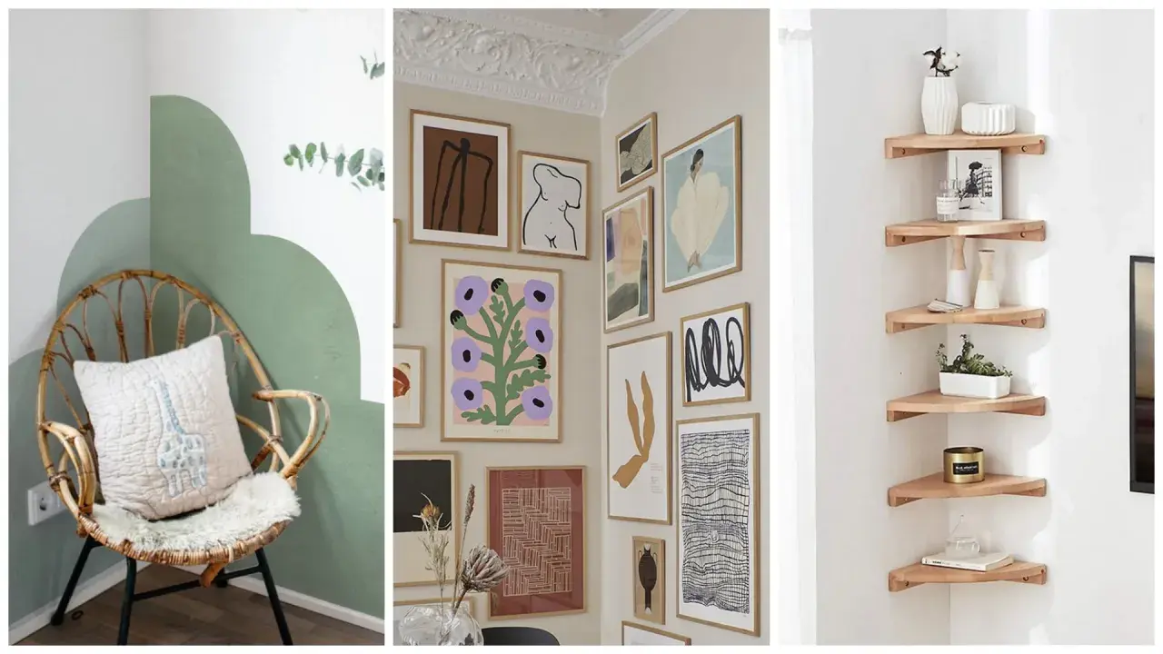 Idées pour habiller un angle de mur intérieur : fauteuil en rotin, galerie d'art murale, étagères d'angle en bois.