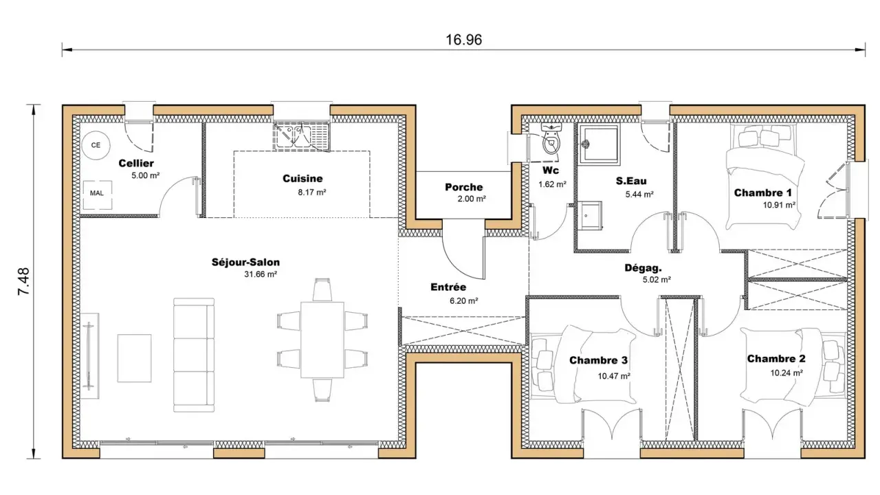 Plan de maison avec séjour, cuisine, 3 chambres, cellier, S.Eau, WC. Idéal pour construire sa maison com plan.