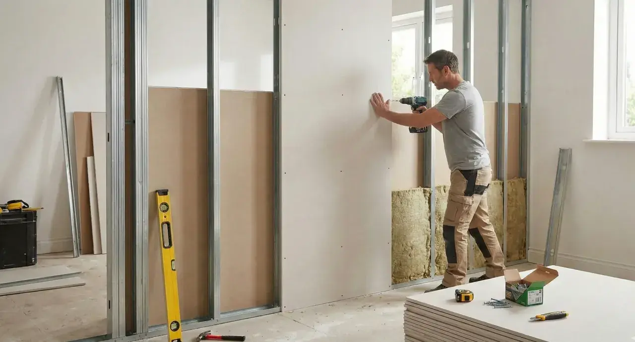Un homme utilise une perceuse pour poser du placo sur une structure métallique. Des outils et des plaques de plâtre sont visibles.
