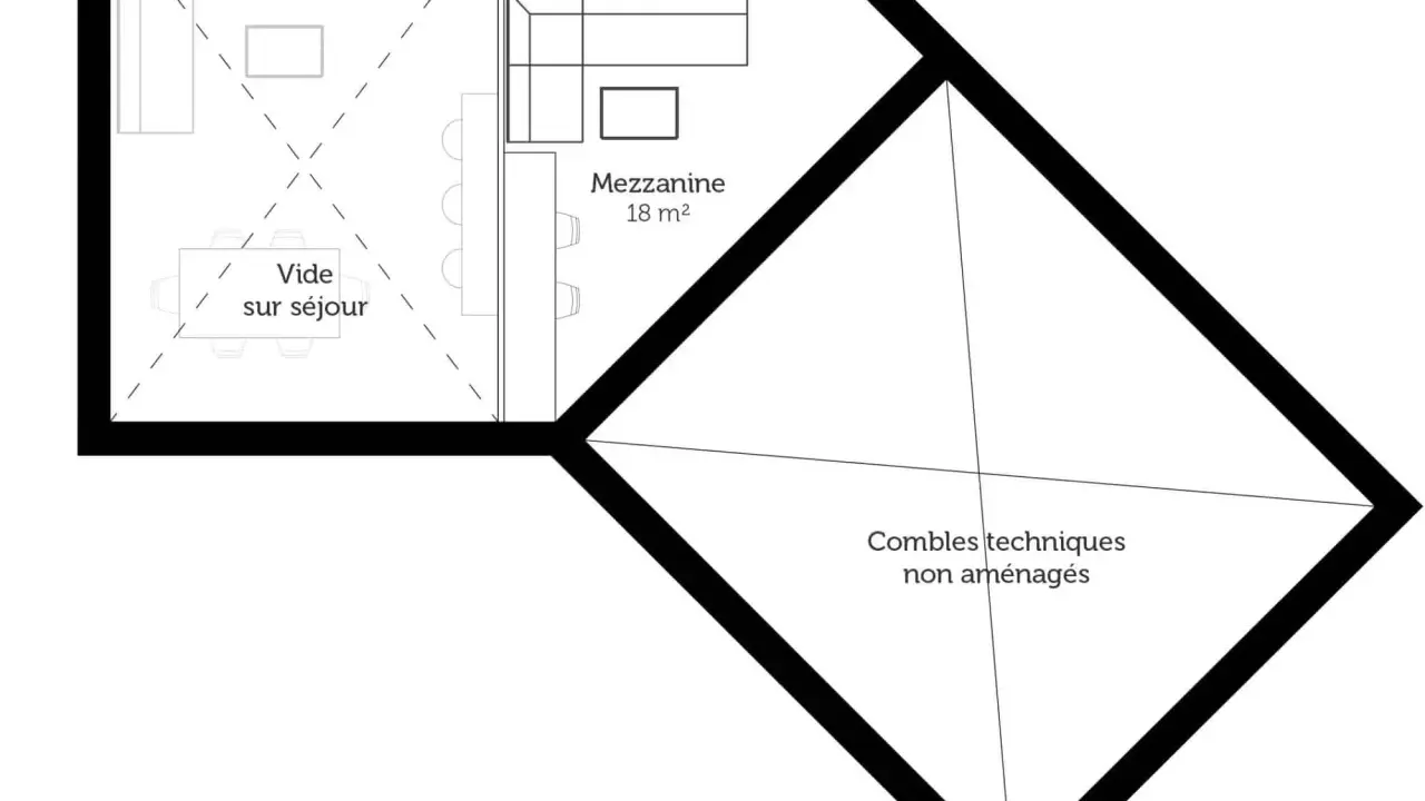 Plan maison 100m2 à étage : vue en coupe d'une mezzanine avec salon et salle à manger, et combles techniques non aménagés.