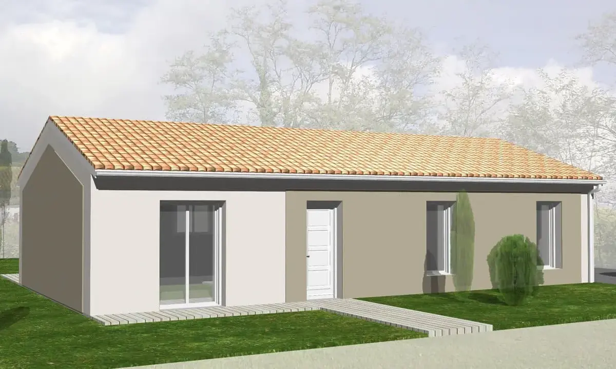 Une maison moderne avec toit en tuiles, idéale pour construire maison pour 80 000 euros. Pelouse verte et ciel nuageux.