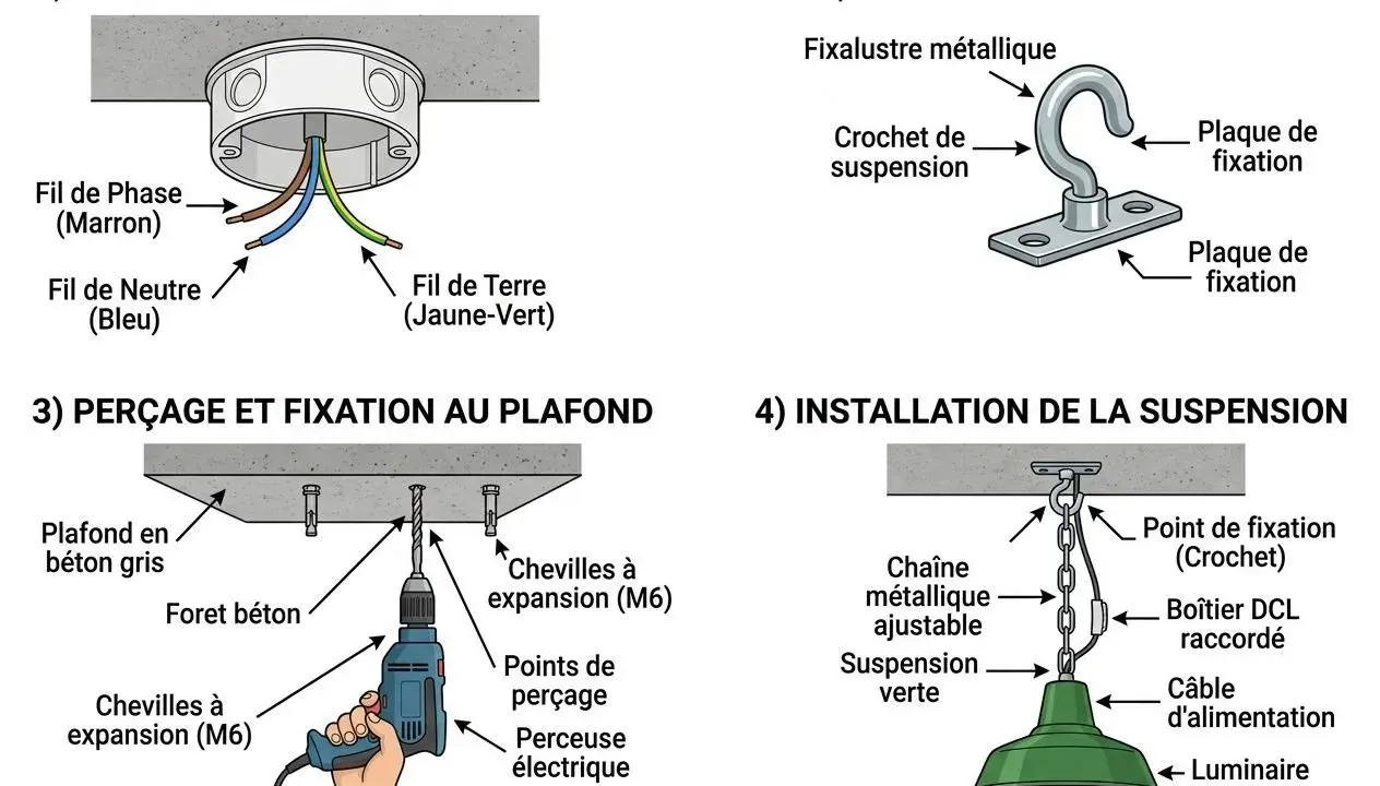 Schéma expliquant comment fixer un lustre au plafond avec crochet. Il montre la préparation du boîtier DCL, le fixalustre métallique, le perçage et la fixation au plafond, et l'installation de la suspension.