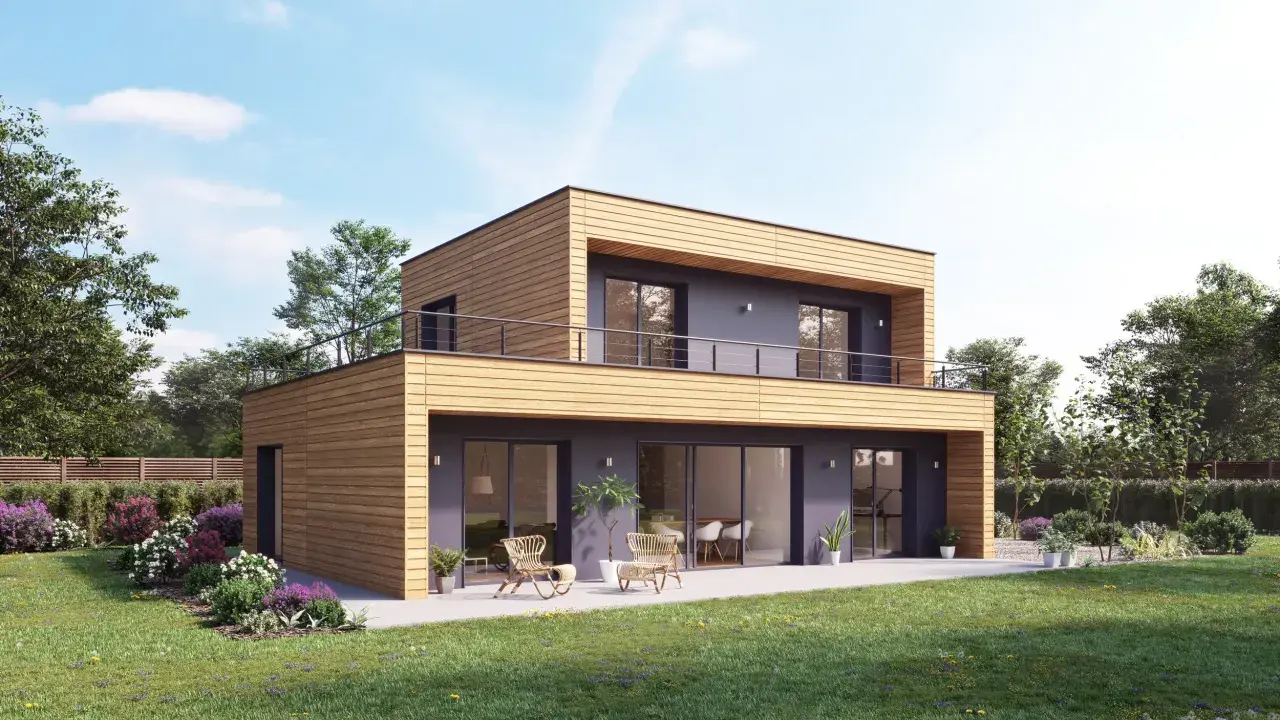 Maison bois moderne avec terrasse, jardin fleuri. Un bel exemple de maison booa prix m2 abordable et design.