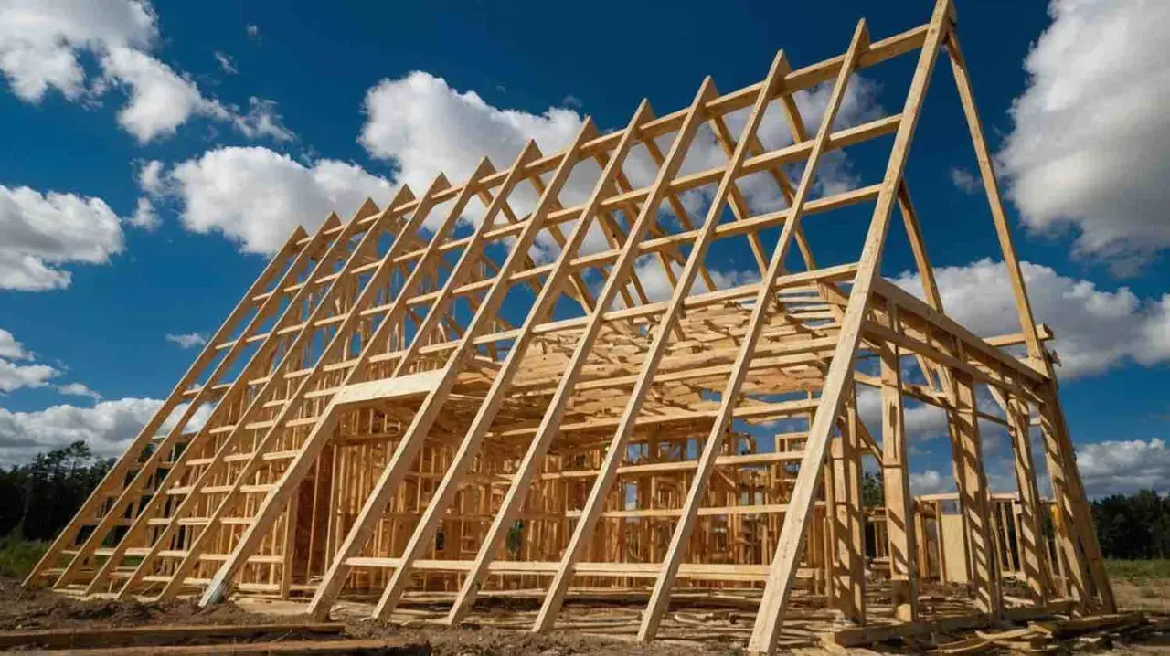Charpente en bois d'une maison en construction, structure triangulaire sous un ciel bleu et nuageux.