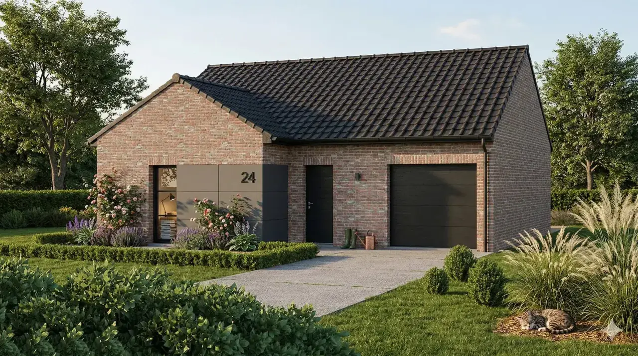 Construction d'une maison contemporaine en briques avec garage, jardin fleuri et un chat endormi.
