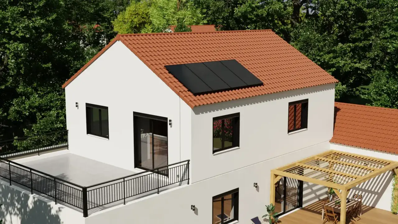 Maison blanche avec panneaux solaires sur le toit, terrasse et pergola. Une maison autonome en énergie, prête pour un avenir durable.