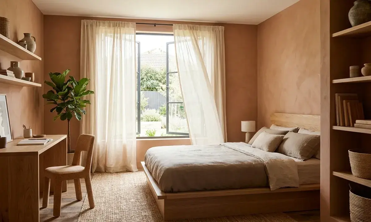 Chambre d'ado chaleureuse avec murs ocre, lit en bois, bureau et plante verte. Une belle idée décoration chambre ado pour un espace cosy et naturel.