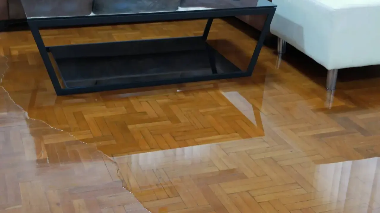 Un salon inondé, le parquet gondolé par l'eau. Une table basse et un pouf flottent dans le désastre.
