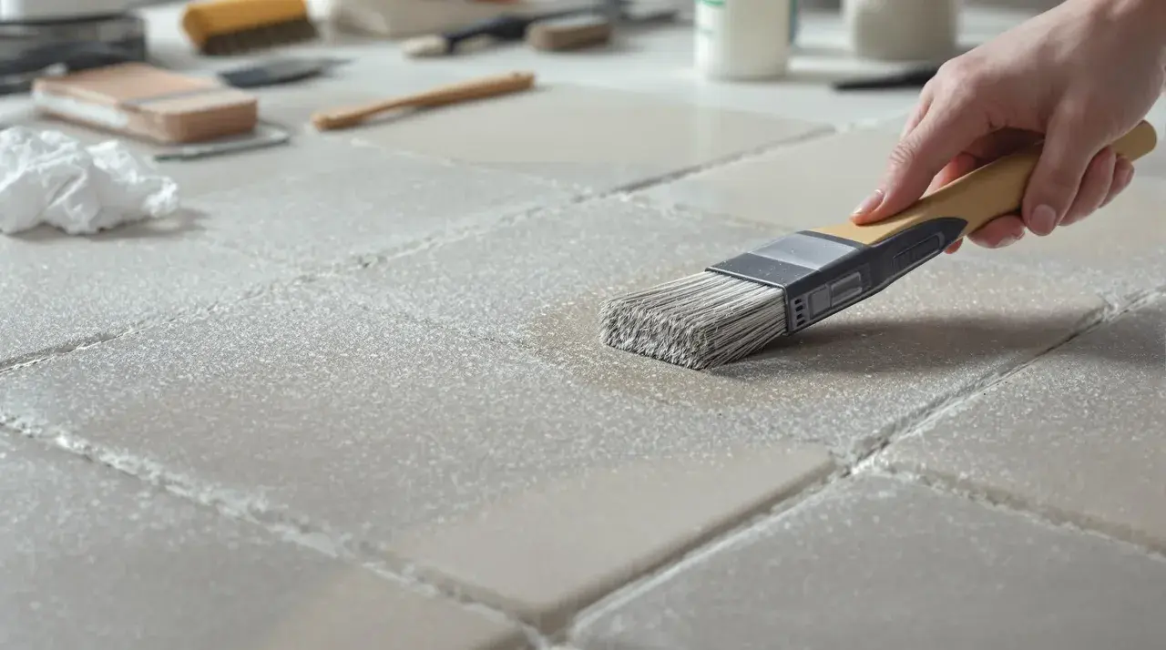 Application d'une couche de béton ciré sur du carrelage. Une main tient un pinceau pour étaler le produit sur les carreaux.