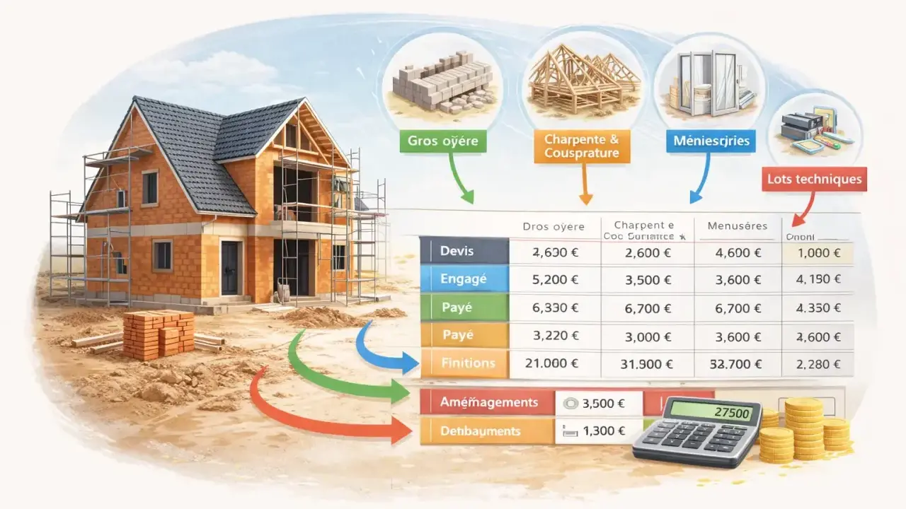 Illustration d'une maison en construction avec un tableau comparant les coûts. L'évolution du cout construction est visible à travers les différentes étapes.