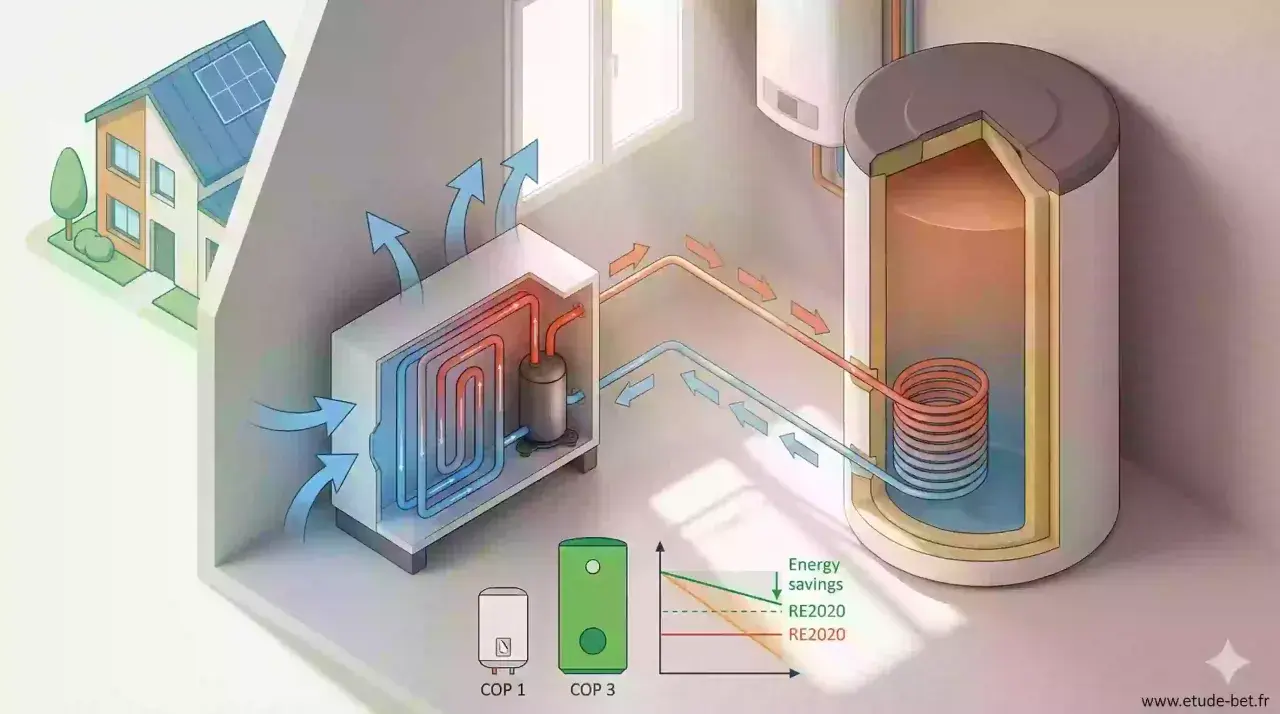 Schéma d'un chauffe eau thermodynamique intérieur, montrant le circuit de chauffage et le ballon d'eau chaude.