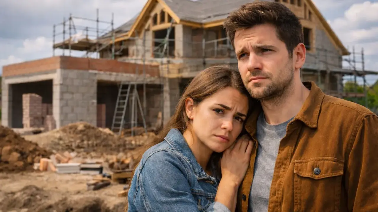Un couple inquiet devant sa maison en construction dans les bois.