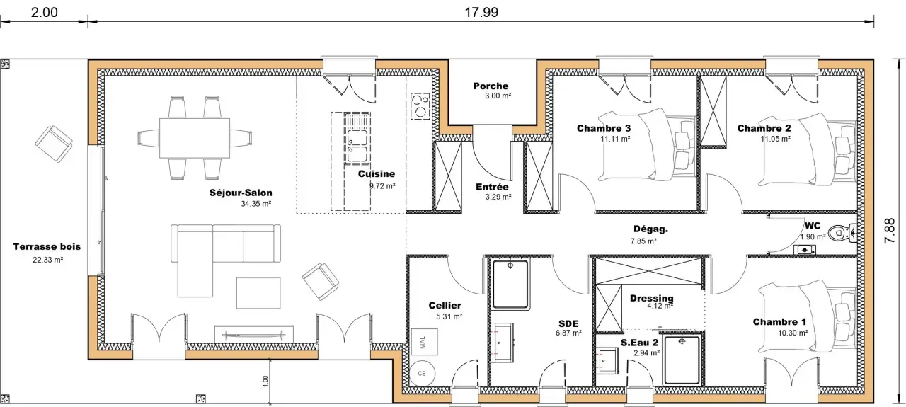 Plan d'une maison de plain-pied avec séjour-salon, cuisine, 3 chambres, terrasse bois. Idéal pour un projet de plan longère plain pied.