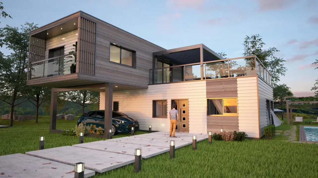 Une maison conteneur moderne avec une voiture garée sous un abri, un chemin éclairé et une piscine.