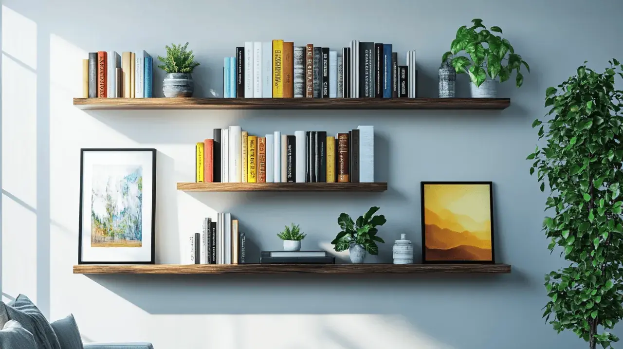 Comment disposer 3 étagères murales : livres, plantes et cadres pour une déco harmonieuse.