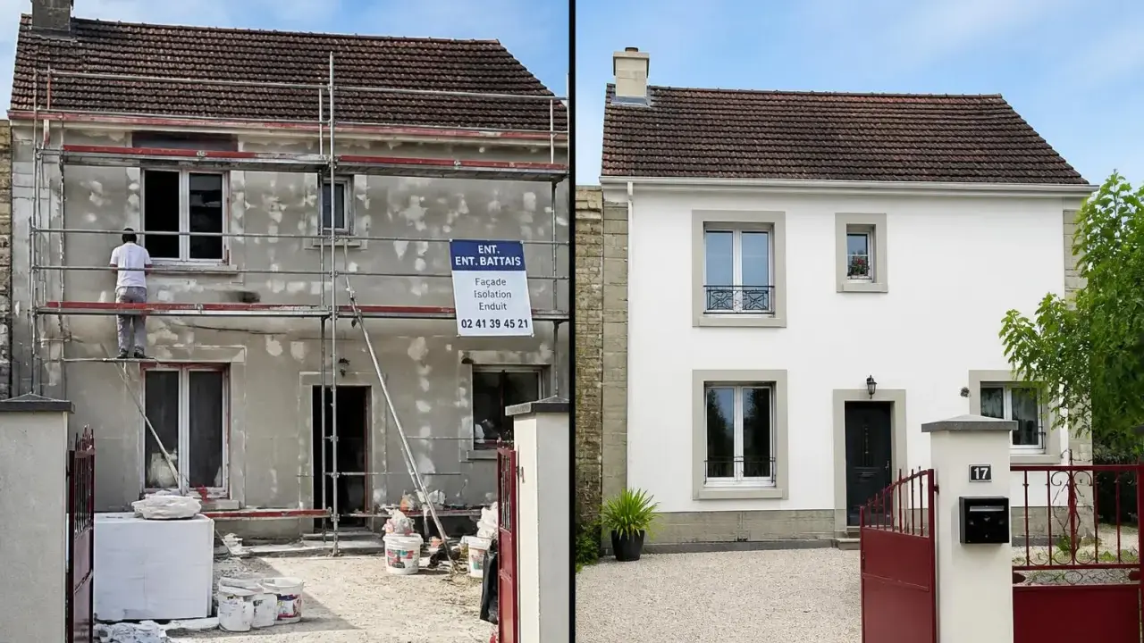 Avant/après : une maison en rénovation, échafaudages et matériaux, puis une façade blanche immaculée. Le cout rénovation maison est visible.