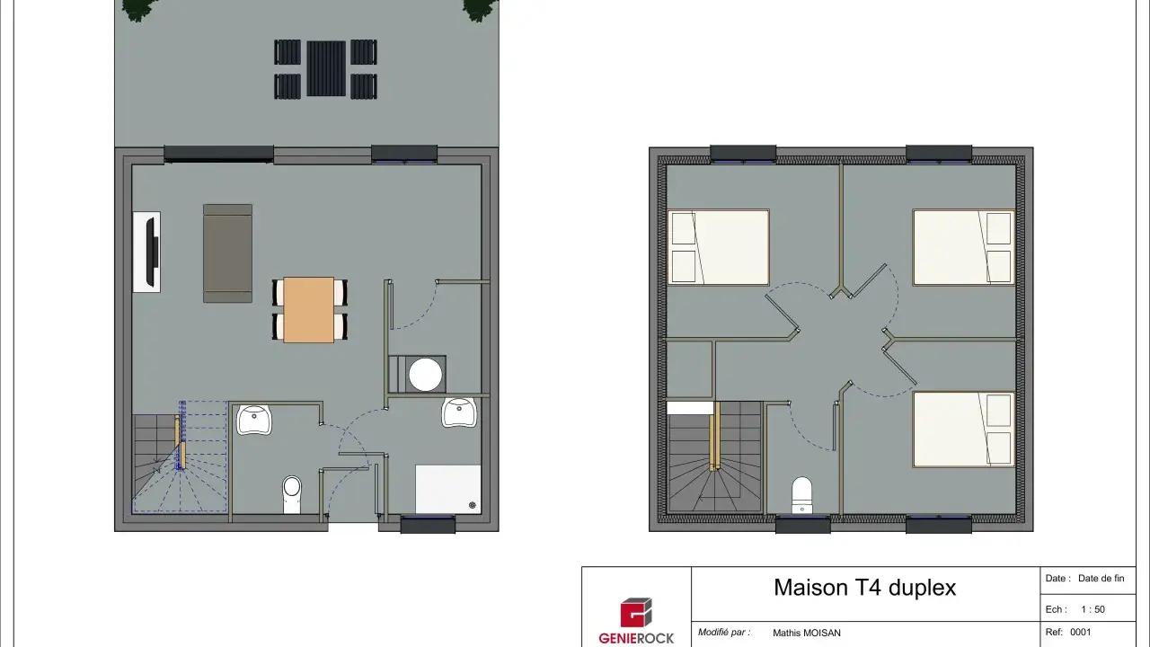 Plan d'une maison T4 duplex de 75m2 avec 2 chambres. L'étage supérieur montre les deux chambres.