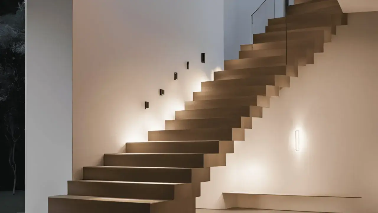 Un élégant miroir reflète la lumière douce d'une montée d'escalier moderne, créant une ambiance chaleureuse et accueillante.