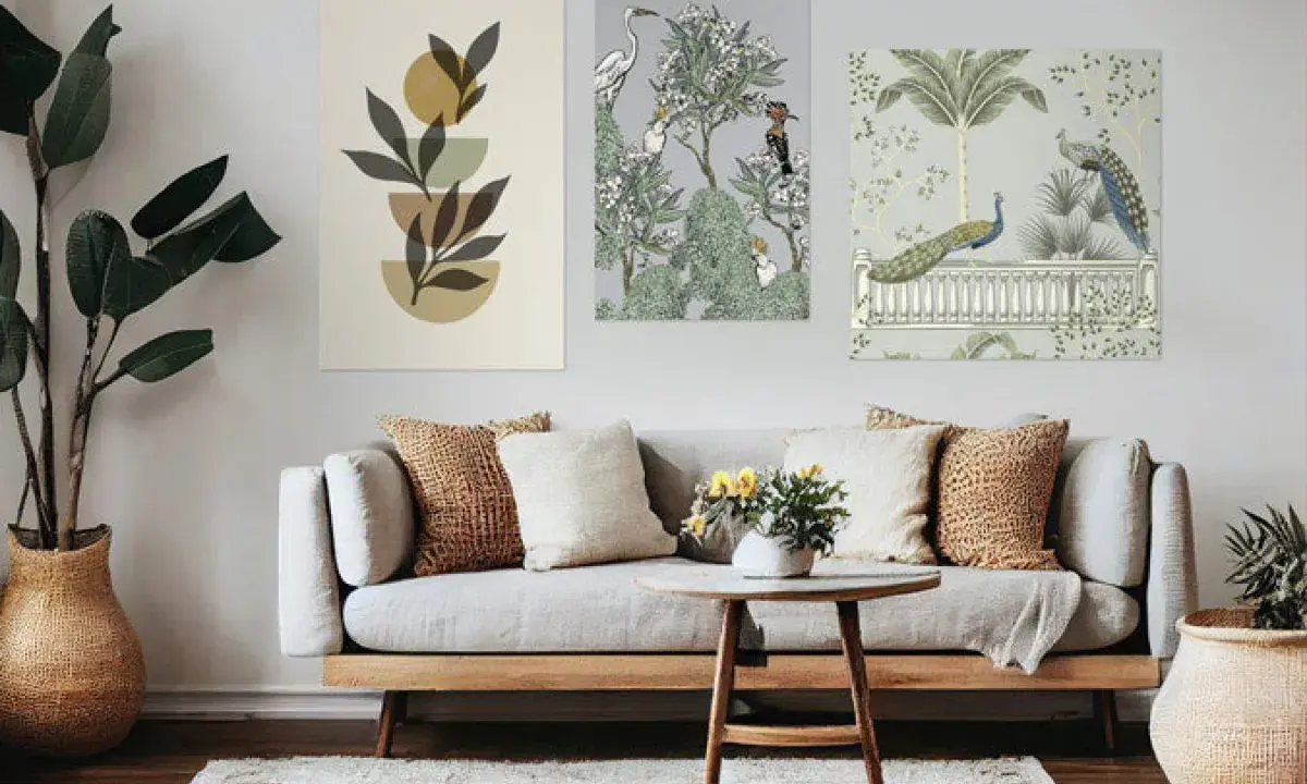 Un salon moderne avec un canapé gris, des coussins texturés et un mur de cadre orné de trois tableaux : art abstrait, oiseaux et paons dans un jardin.