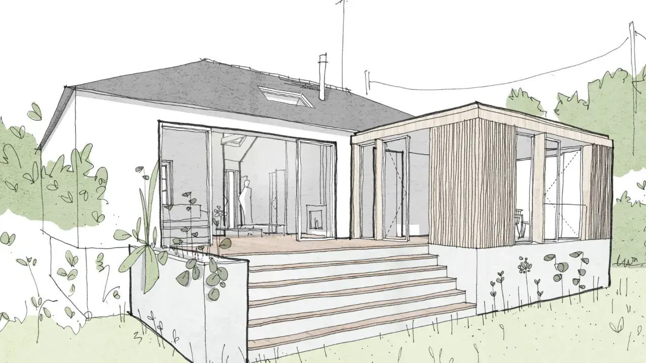Croquis d'une extension de maison moderne avec terrasse en bois. Estimation du prix extension maison 20m2.