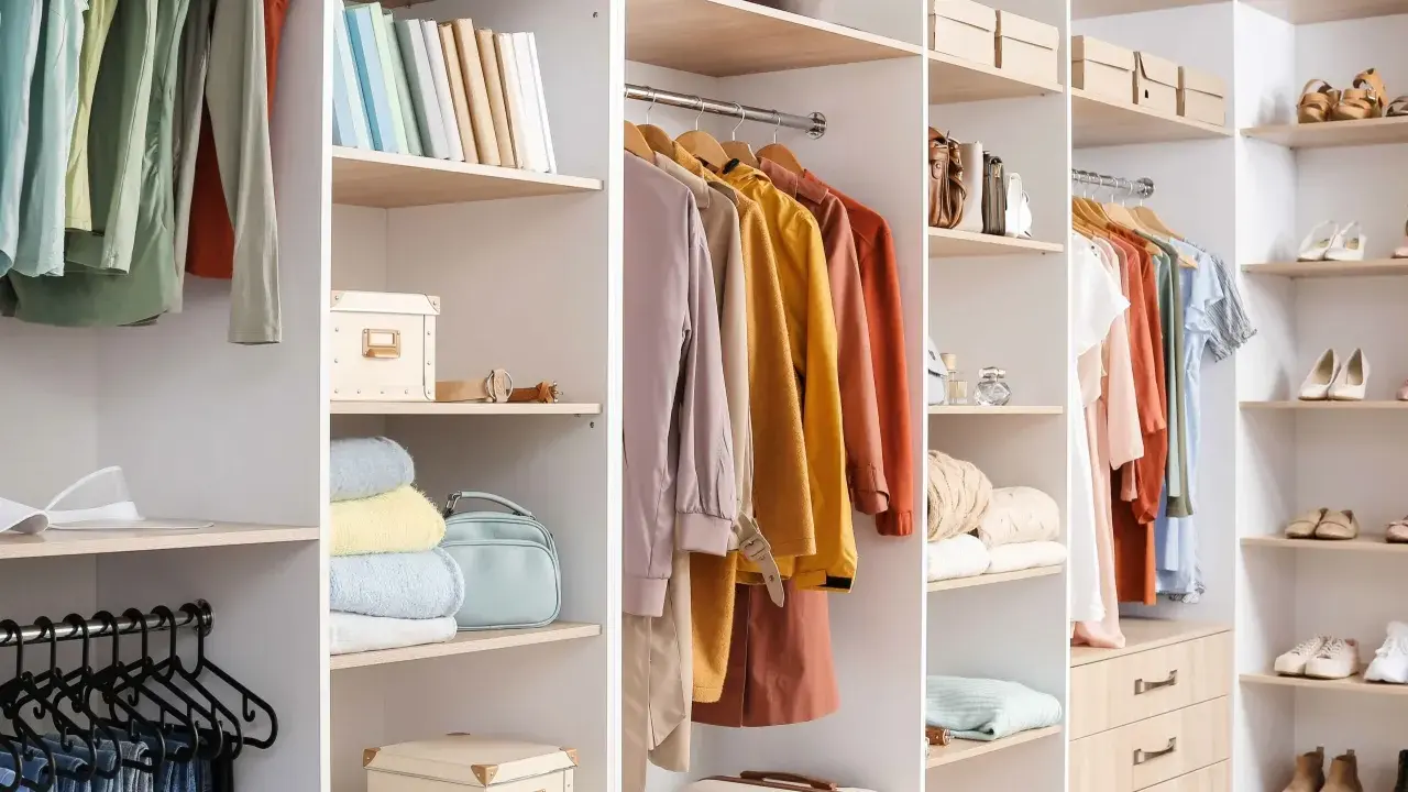 Un dressing bien organisé avec des vêtements suspendus, des étagères remplies de livres, de boîtes et de sacs. Idéal pour organiser son dressing.