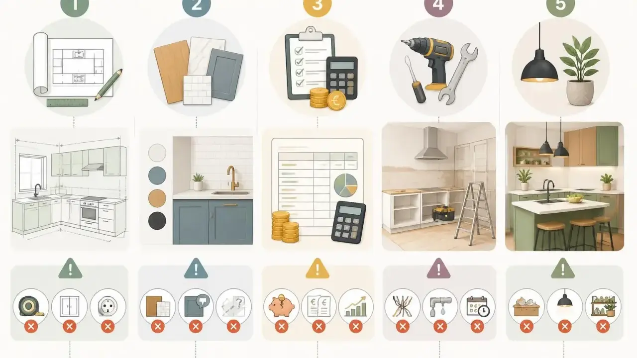 Étapes d'un projet de construction de cuisine : plan, matériaux, budget, outils, finition.