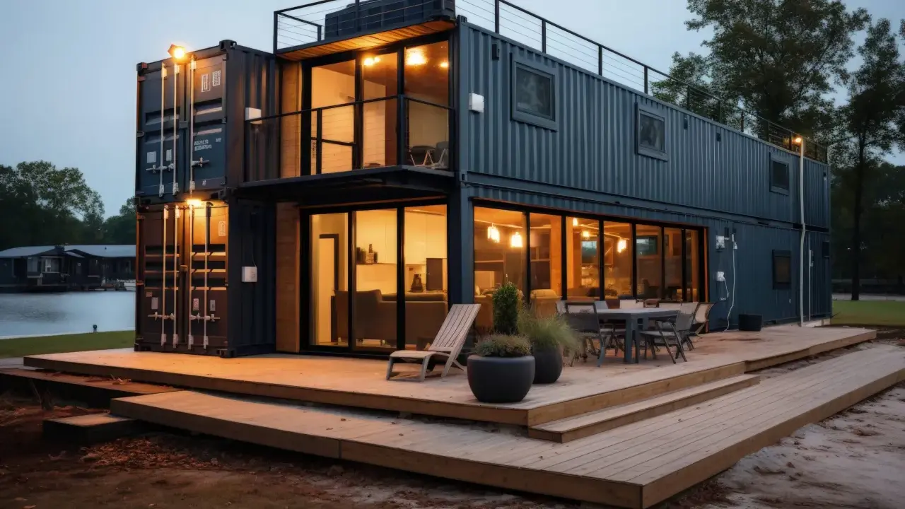 Maison moderne en conteneurs empilés, avec terrasse en bois et vue sur l'eau. Un prix maison avec sous-sol complet serait un rêve.