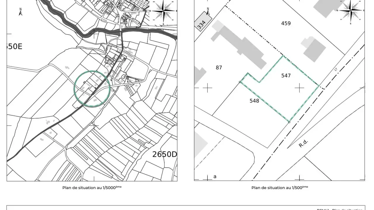 Plan de construction montrant deux cartes : une vue d'ensemble au 1/5000ème et un zoom au 1/500ème sur la parcelle 547.