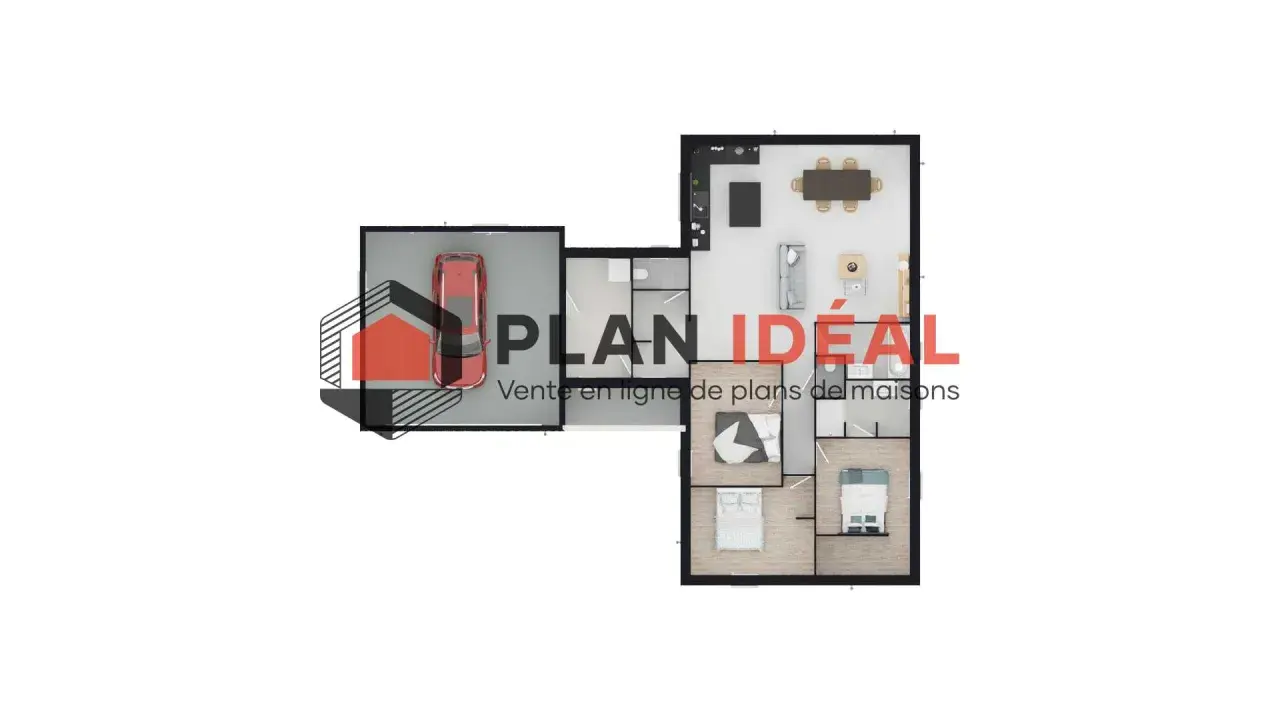 Plan maison senior : vue aérienne d'une maison avec garage, salon, salle à manger, cuisine et chambres.