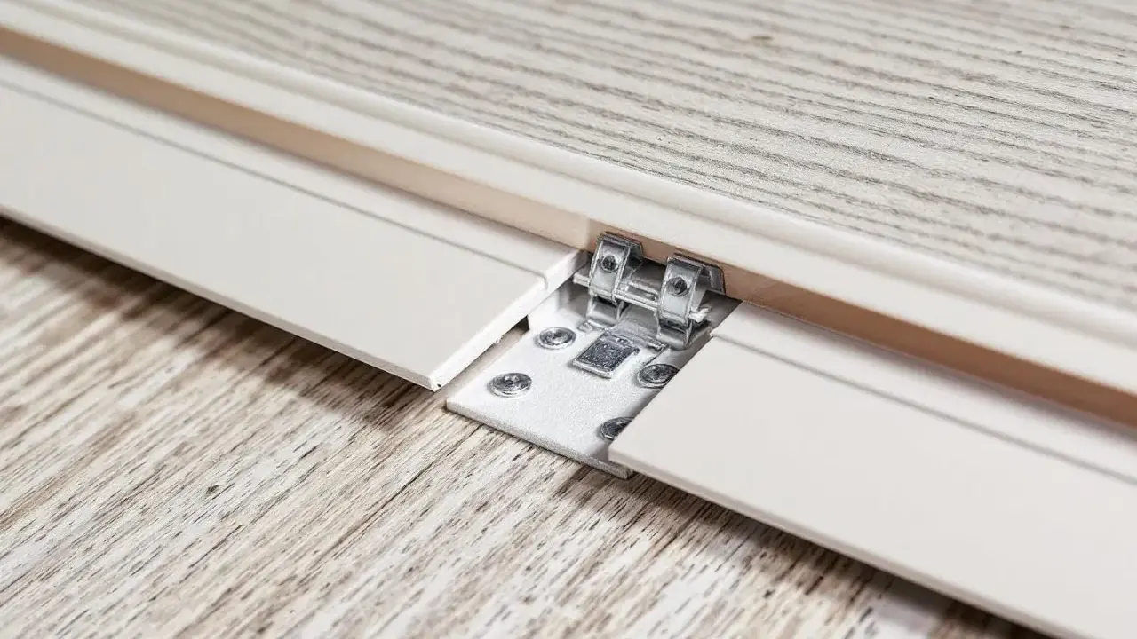 Détail d'une lame PVC qui se soulève, révélant une fixation métallique et des vis sur un parquet imitation bois.