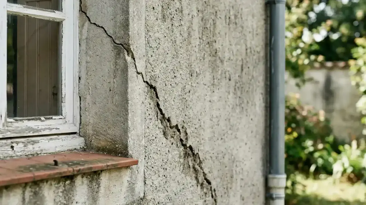 Grosse fissure sur mur extérieur près d'une fenêtre, nécessitant une réparation. Le crépi est abîmé.