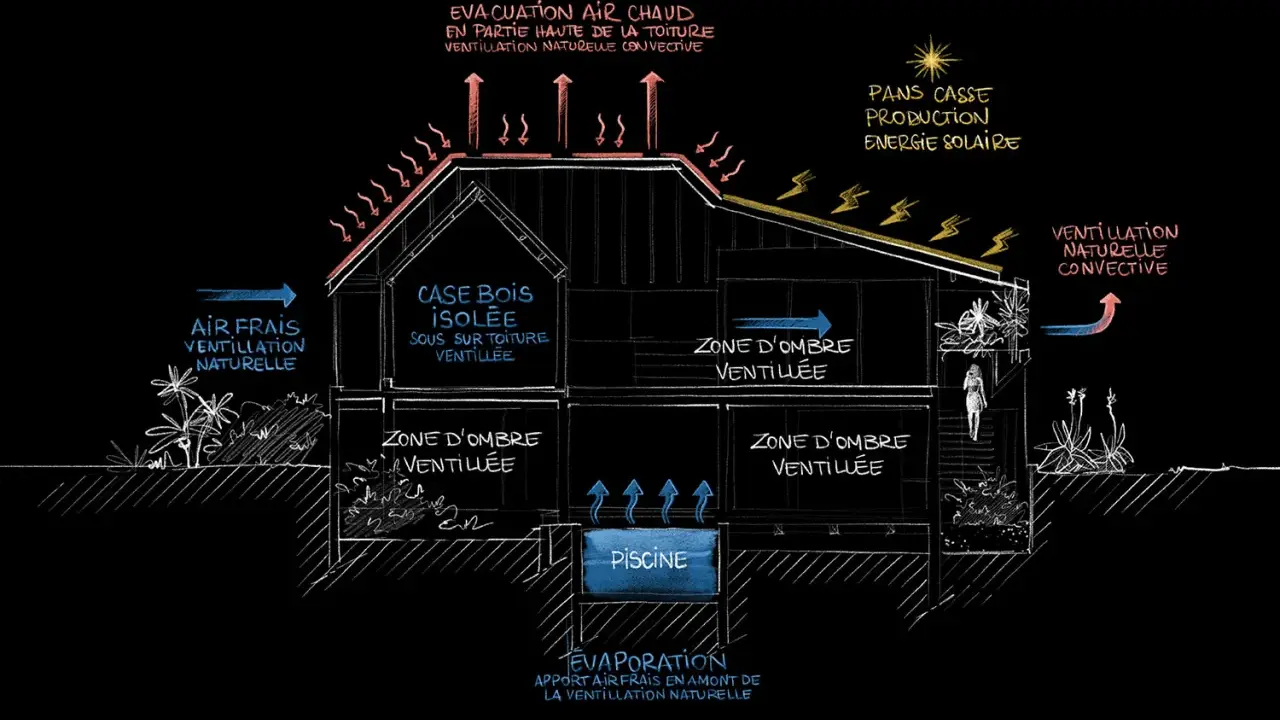 Schéma d'une maison antillaise traditionnelle illustrant la ventilation naturelle, l'isolation et la production d'énergie solaire.