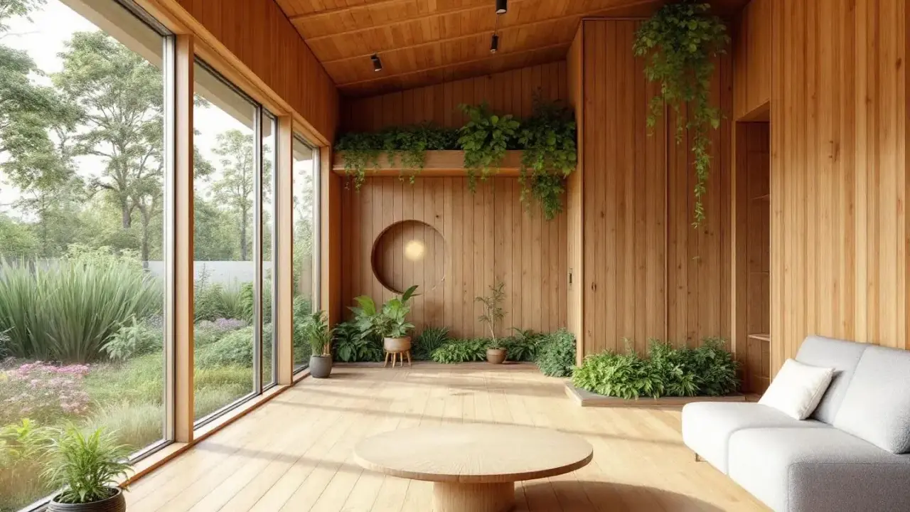 Un salon lumineux tout en bois, avec de grandes baies vitrées donnant sur un jardin luxuriant. Ce **logement du futur** intègre la nature avec des plantes suspendues et des jardinières.