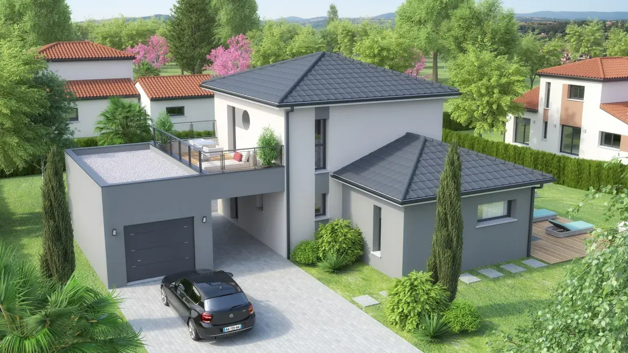 Une maison contemporaine en L avec garage, terrasse sur le toit et jardin verdoyant.