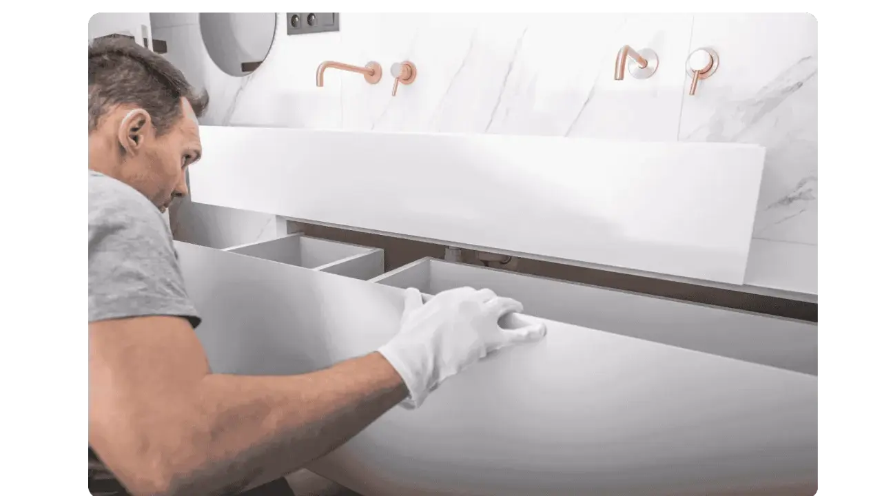 Un homme en gants blancs installe un meuble de salle de bain suspendu. Il s'assure de bien fixer meuble lourd sur placo pour une installation solide.