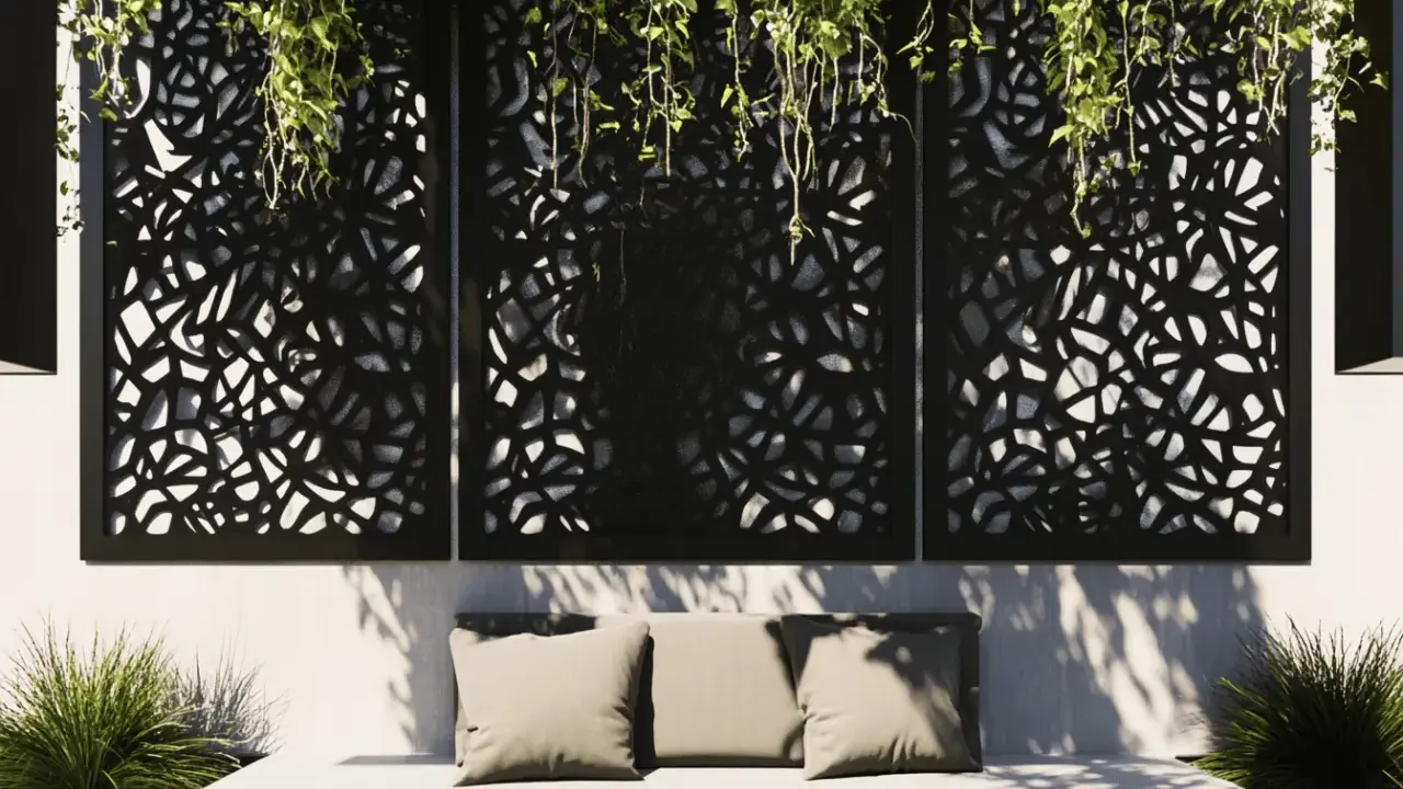 Comment cacher un vilain mur extérieur : des panneaux ajourés noirs avec des plantes retombantes créent une ambiance cosy sur un banc.