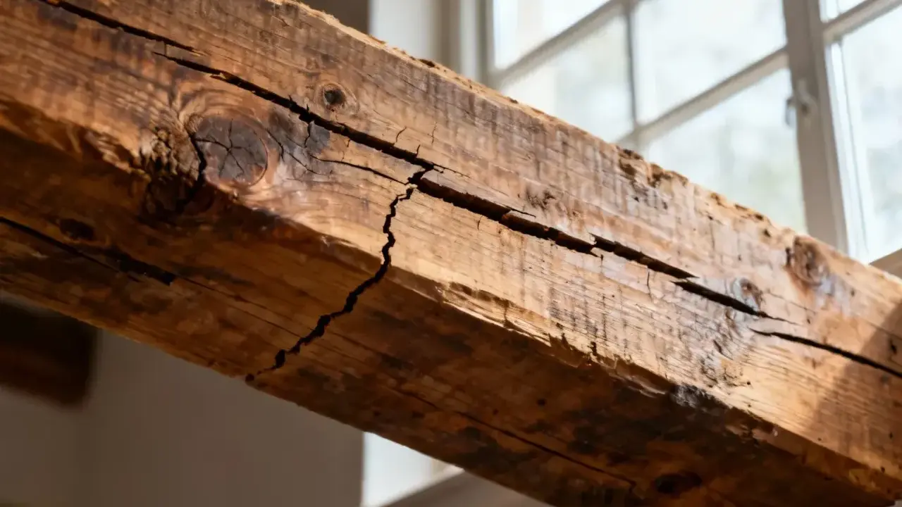Gros plan sur une poutre en bois fissurée, témoin silencieux d'une maison qui craque toujours au même endroit. La lumière du jour révèle ses imperfections.