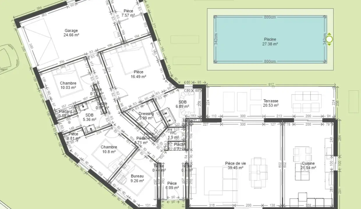 Plan d'une maison plain pied moderne de 150m2 avec garage, piscine, terrasse, 3 chambres, bureau, cuisine et pièce de vie spacieuse.