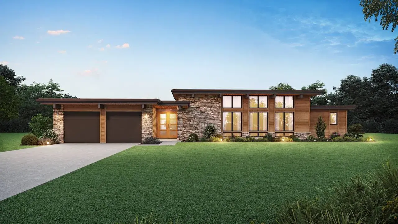 Une élégante maison bois moderne plain pied avec garage double, façade en pierre et grandes fenêtres.
