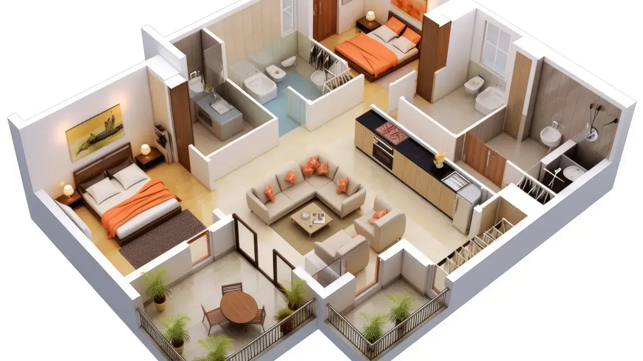 Plan d'une petite maison 2 chambres avec salon, cuisine, deux salles de bain et balcons.