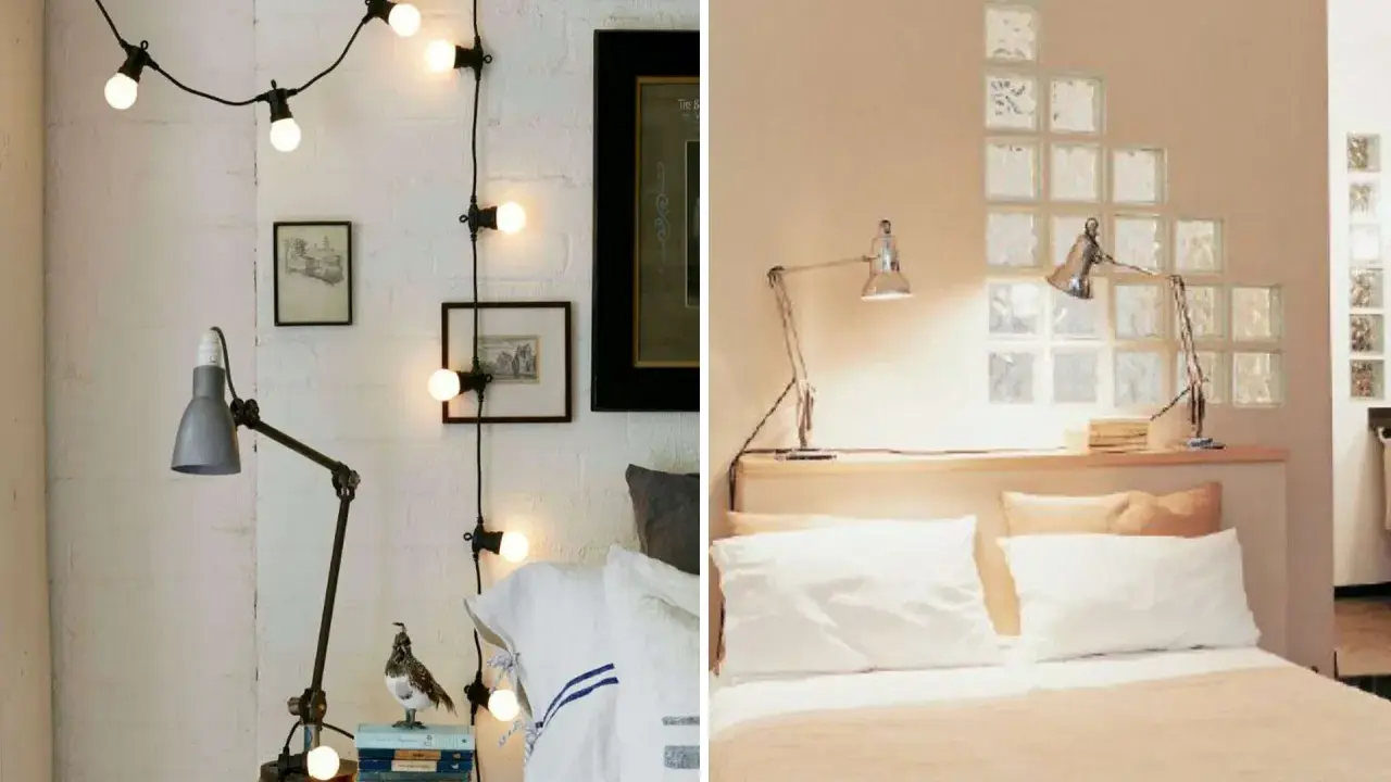 Guirlande lumineuse et lampe d'appoint dans une chambre borgne. Le mur de gauche est en briques blanches, celui de droite est beige avec des carreaux de verre.