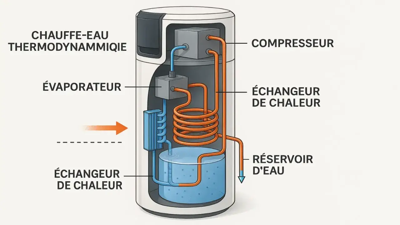 Schéma d'un chauffe-eau thermodynamique air extérieur : compresseur, évaporateur, échangeurs de chaleur et réservoir d'eau.