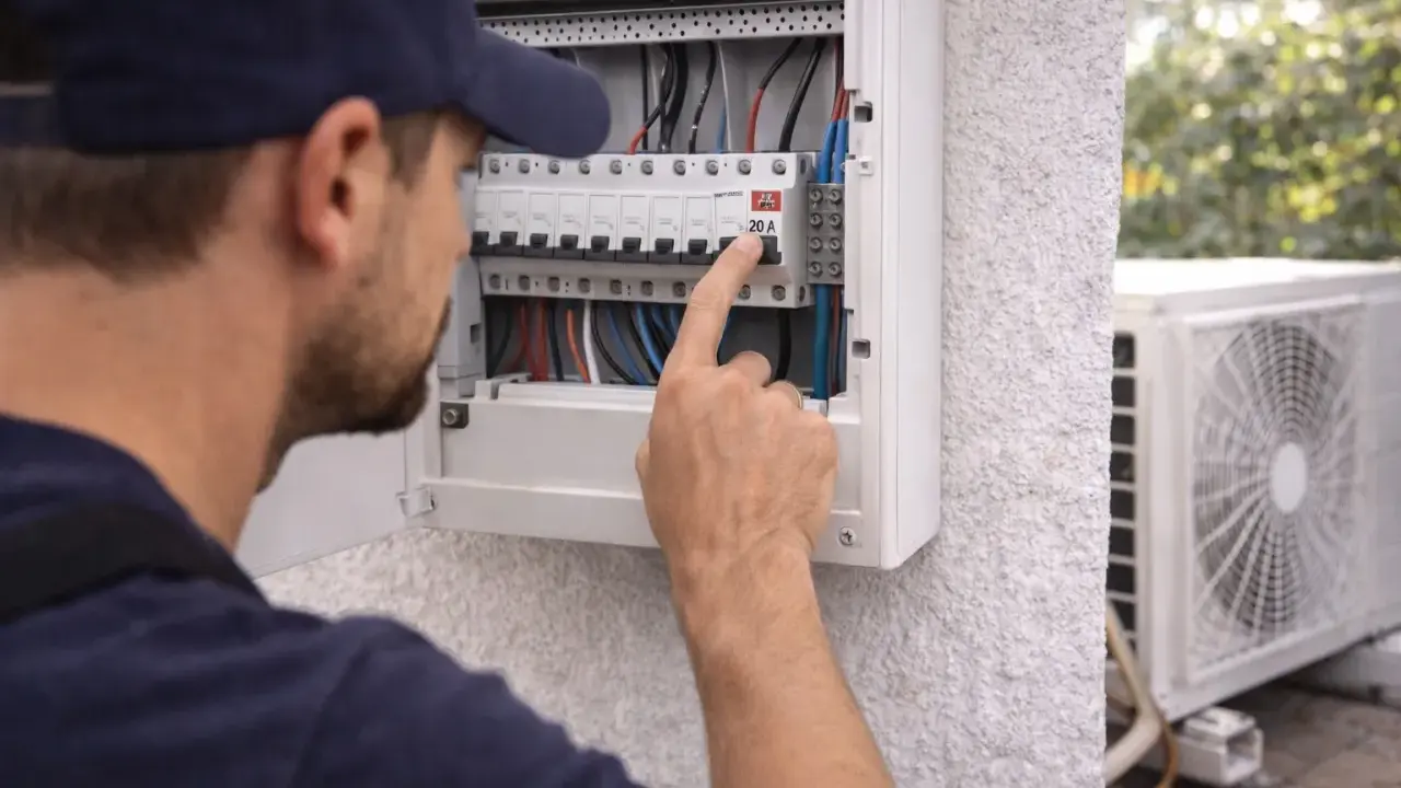 Un technicien vérifie le disjoncteur de climatisation dans un panneau électrique. L'unité extérieure de la climatisation est visible à droite.