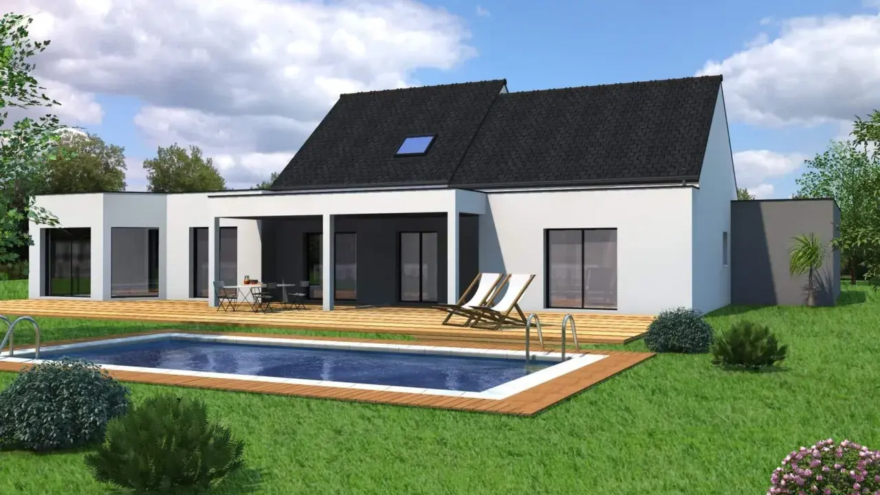 Vue 3D d'un plan maison 200m2 moderne avec piscine et terrasse en bois.