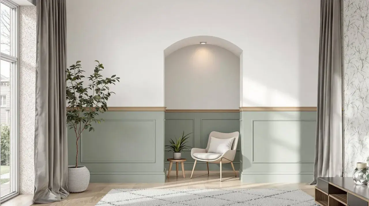 Un salon moderne avec un soubassement de mur peint en vert pâle, orné de moulures. Une niche cintrée au-dessus apporte une touche architecturale.
