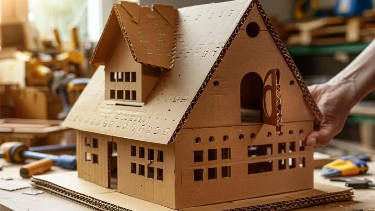 Une main tient une **maison en carton** détaillée, avec des fenêtres découpées et un toit à plusieurs niveaux, posée sur un établi.