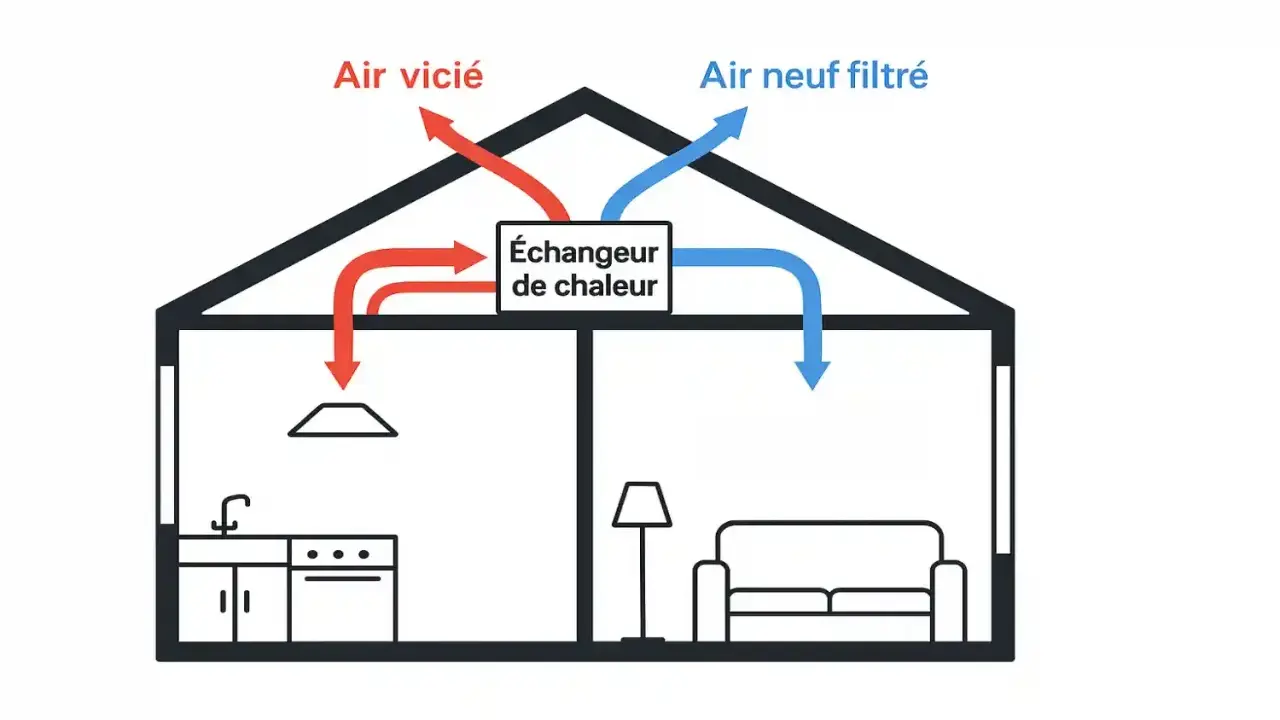 Schéma illustrant le fonctionnement d'une VMC double flux : l'air vicié est extrait et l'air neuf filtré est insufflé, avec un échangeur de chaleur.