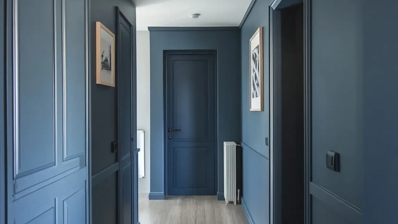 Peinture d'un couloir aux tons bleus profonds, avec des portes assorties et des cadres de portes ornés. Des tableaux discrets ornent les murs.